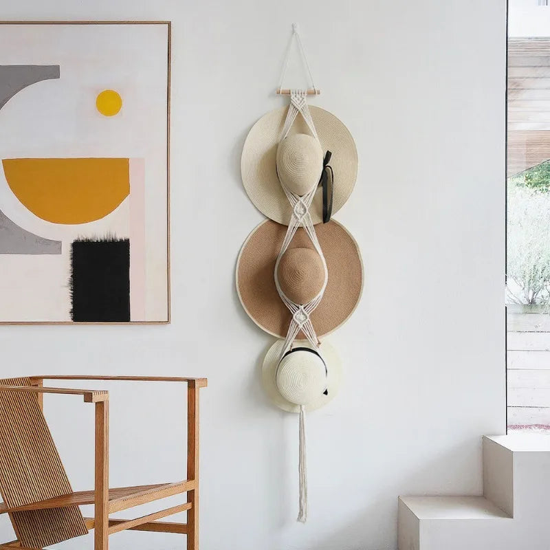 Nordic Boho Cotton Rope Hanging Hat Organizer Display Rack Storage Cap Holder Scarf Hanger Macrame Tapestry Home Wall Decor