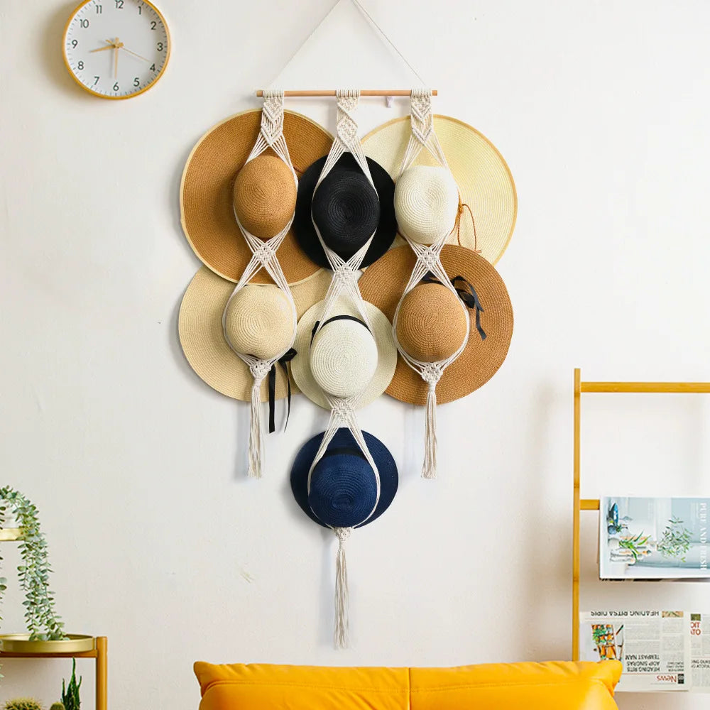 Nordic Boho Cotton Rope Hanging Hat Organizer Display Rack Storage Cap Holder Scarf Hanger Macrame Tapestry Home Wall Decor