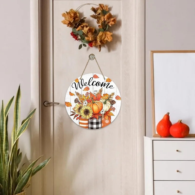 Thanksgiving Front Door Decor - Fall Pumpkin & Sunflower Wood Wreath with Mason Jar for Porch or Farmhouse Wall Display