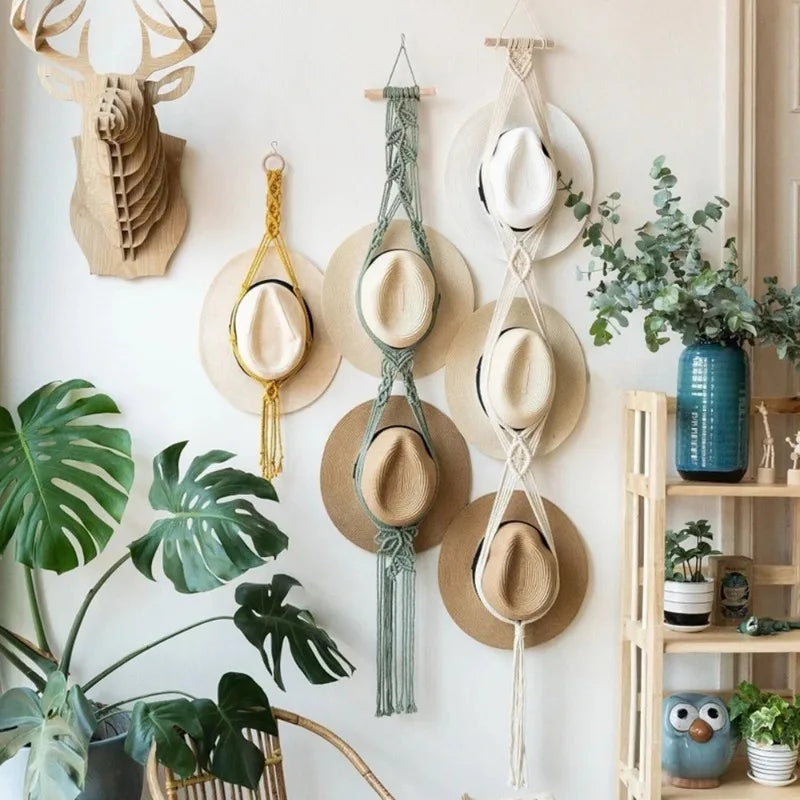 Nordic Boho Cotton Rope Hanging Hat Organizer Display Rack Storage Cap Holder Scarf Hanger Macrame Tapestry Home Wall Decor