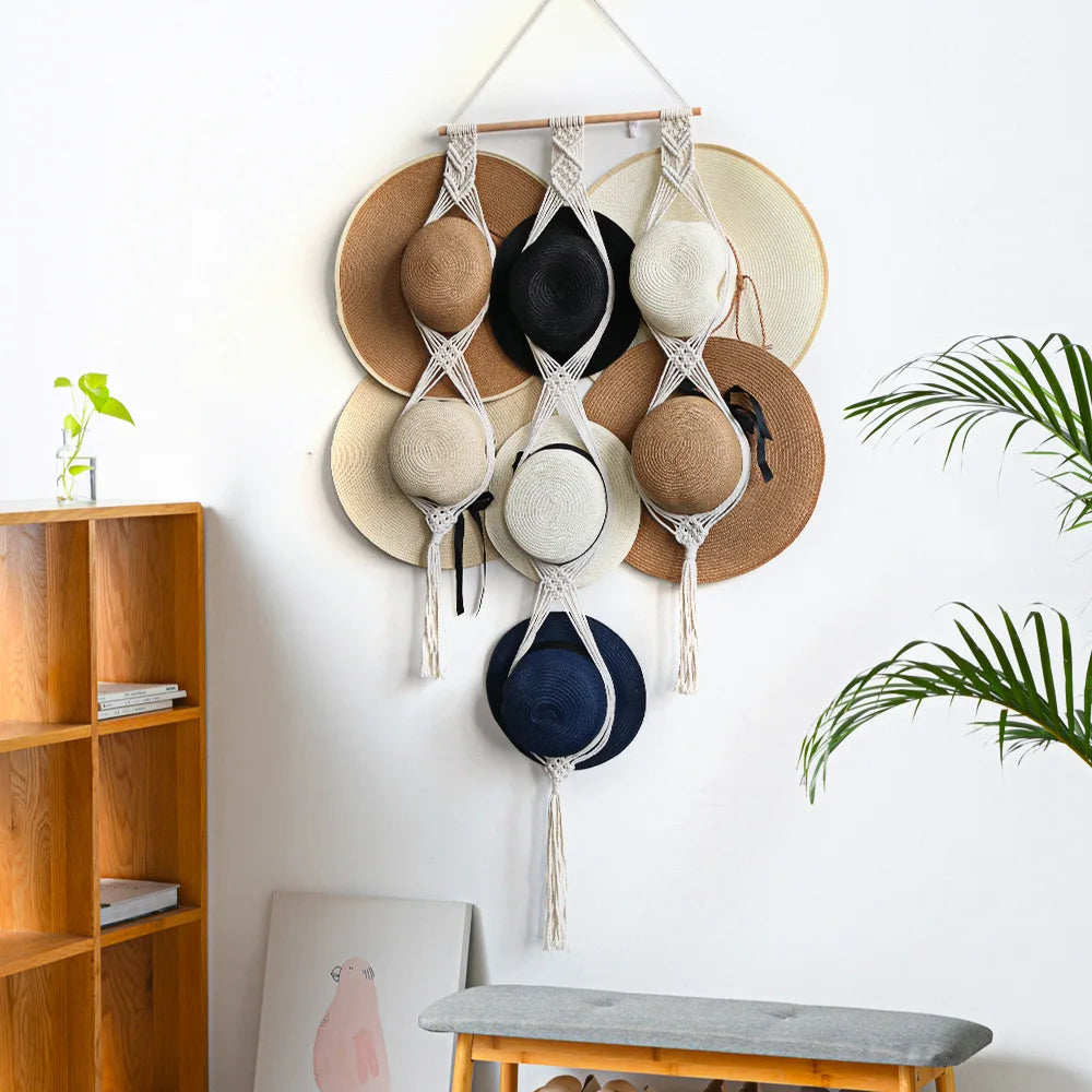 Nordic Boho Cotton Rope Hanging Hat Organizer Display Rack Storage Cap Holder Scarf Hanger Macrame Tapestry Home Wall Decor