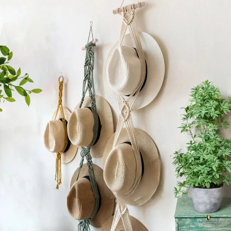 Nordic Boho Cotton Rope Hanging Hat Organizer Display Rack Storage Cap Holder Scarf Hanger Macrame Tapestry Home Wall Decor