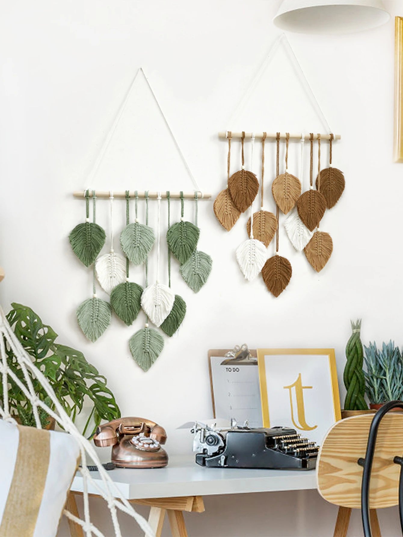Boho Leaf Macrame Tapestry Woven Wall Hanging Tapestry Home Wall Decor Wood Bead Crafts Bedroom Living Room Decor Aesthetic Gift