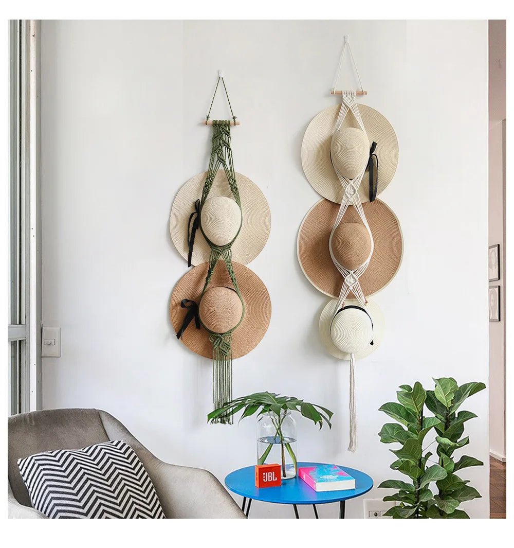 Nordic Boho Cotton Rope Hanging Hat Organizer Display Rack Storage Cap Holder Scarf Hanger Macrame Tapestry Home Wall Decor