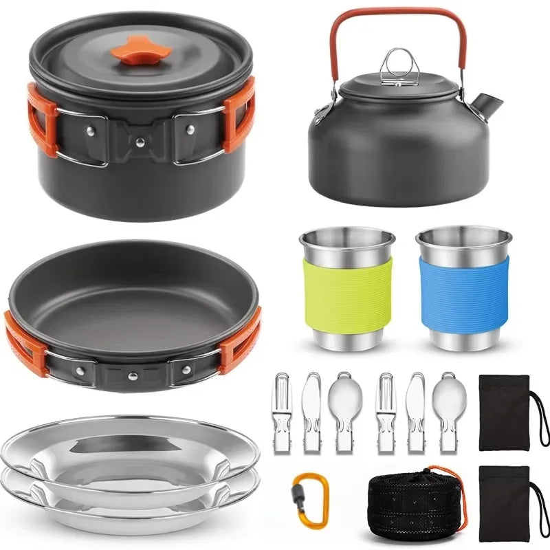 Outdoor Camping Cooking Set for 2-3 People Portable Folding Pot and Kettle Combo Camping Tableware Hiking Backpacking Gear