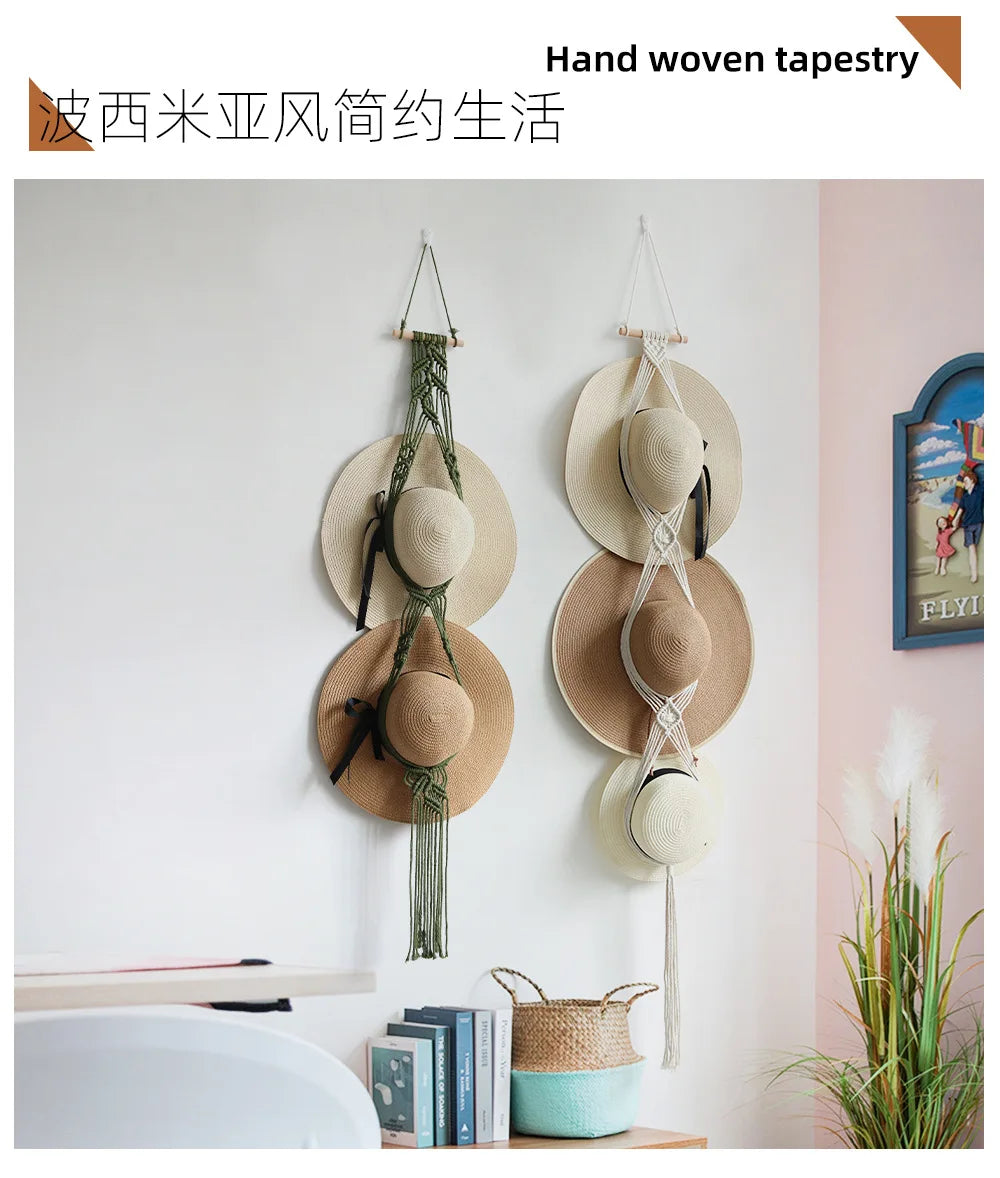 Nordic Boho Cotton Rope Hanging Hat Organizer Display Rack Storage Cap Holder Scarf Hanger Macrame Tapestry Home Wall Decor