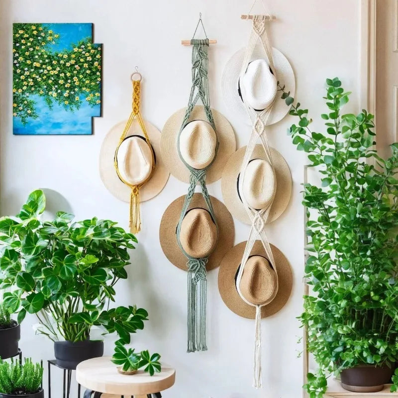 Nordic Boho Cotton Rope Hanging Hat Organizer Display Rack Storage Cap Holder Scarf Hanger Macrame Tapestry Home Wall Decor