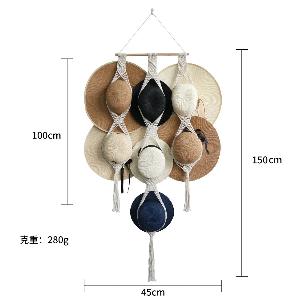 Nordic Boho Cotton Rope Hanging Hat Organizer Display Rack Storage Cap Holder Scarf Hanger Macrame Tapestry Home Wall Decor