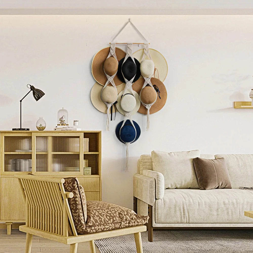 Nordic Boho Cotton Rope Hanging Hat Organizer Display Rack Storage Cap Holder Scarf Hanger Macrame Tapestry Home Wall Decor