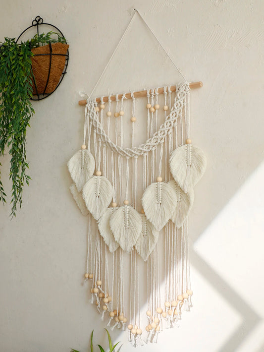 Boho Leaf Macrame Tapestry Woven Wall Hanging Tapestry Home Wall Decor Wood Bead Crafts Bedroom Living Room Decor Aesthetic Gift