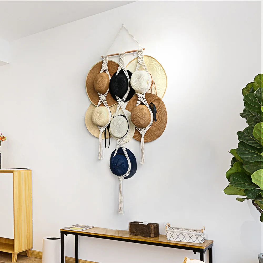 Nordic Boho Cotton Rope Hanging Hat Organizer Display Rack Storage Cap Holder Scarf Hanger Macrame Tapestry Home Wall Decor