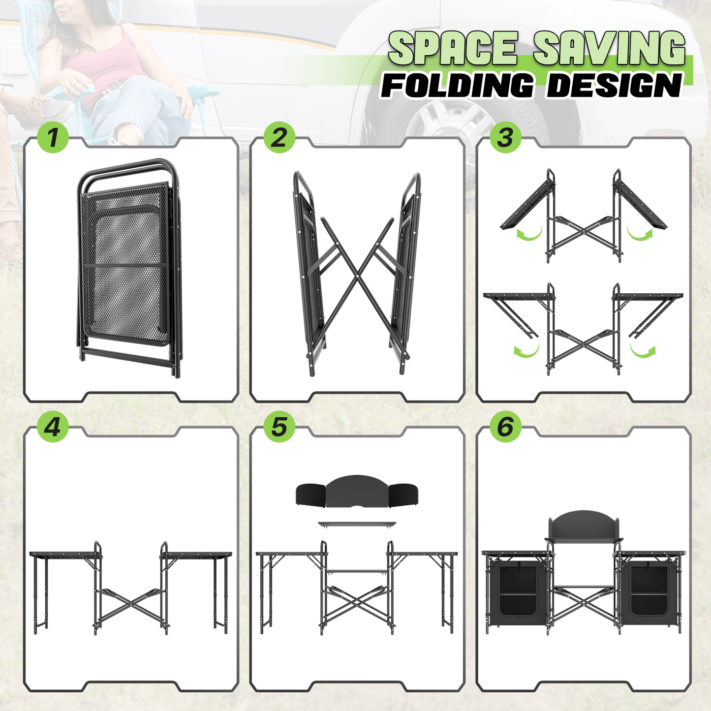 Magshion Folding Portable Cook Table with Storage Organizer & Windscreen, Camping Kitchen Table Outdoor Camp Table with Zippered Bag