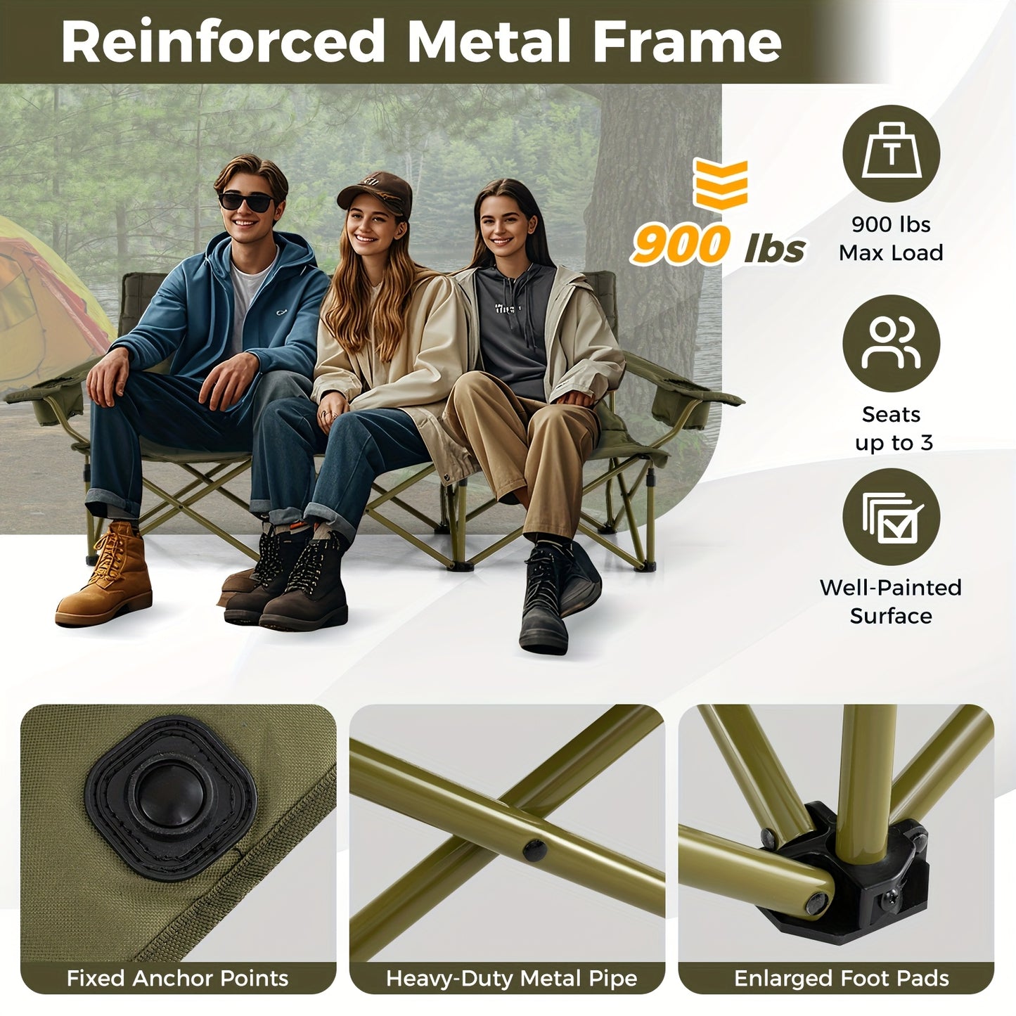 3 Person Folding Camping Chair Heavy-Duty Camp Couch w/ 2 Cup Holders Padding