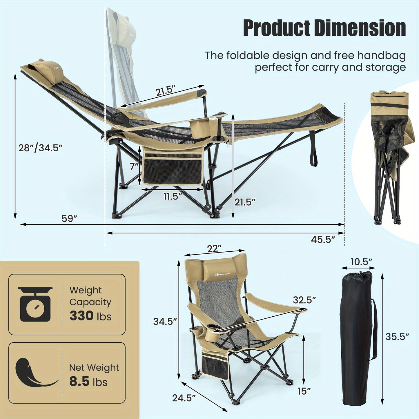 Costway Folding Camping Chair w/ Detachable Footrest for Fishing, Camp, Picnics