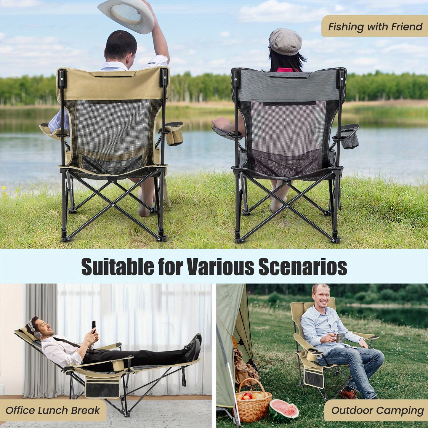Costway Folding Camping Chair w/ Detachable Footrest for Fishing, Camp, Picnics