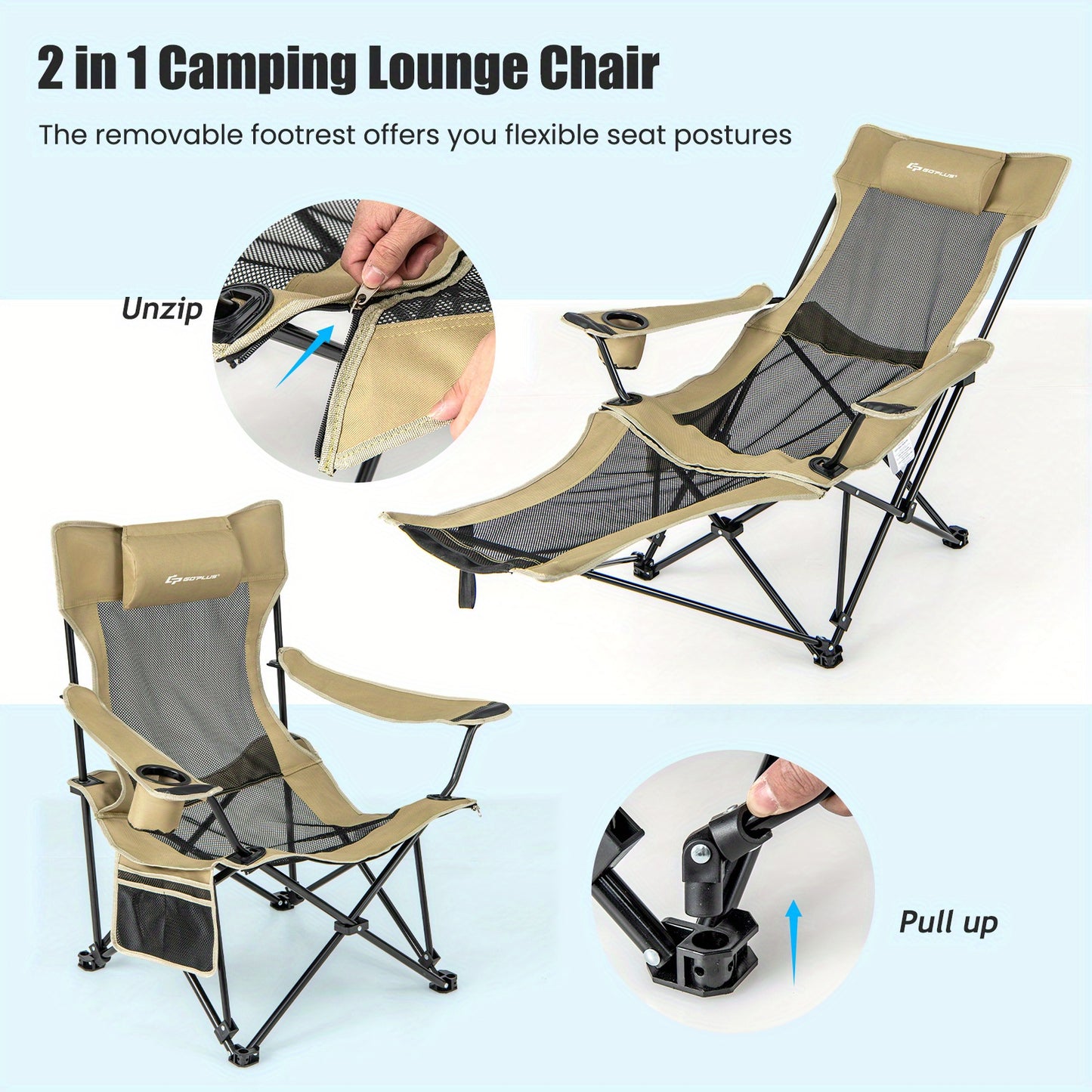 Costway Folding Camping Chair w/ Detachable Footrest for Fishing, Camp, Picnics