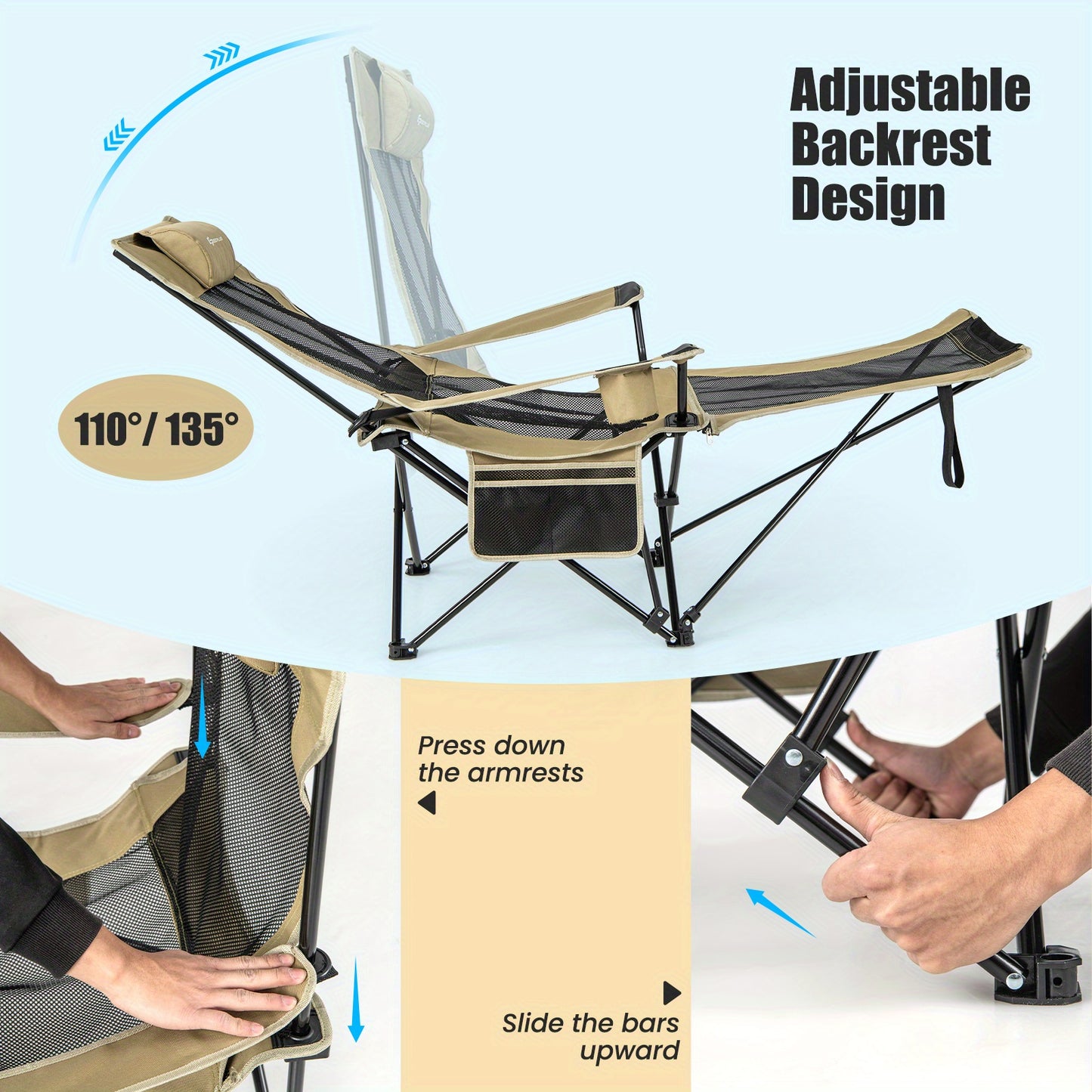 Costway Folding Camping Chair w/ Detachable Footrest for Fishing, Camp, Picnics
