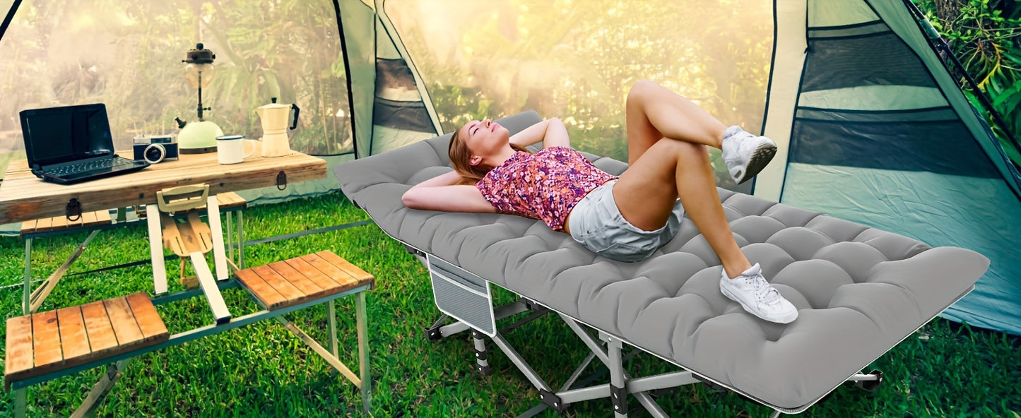 Heavy-Duty 1200D Oxford Folding Camping Cot Bed for Adults with Soft Foam Padding & Carry Bag - Double Layer Portable Outdoor Bed, Ergonomic Design with Sturdy Frame, Ideal as Chaise Lounge for Camping, Patio, Garden, Backyar