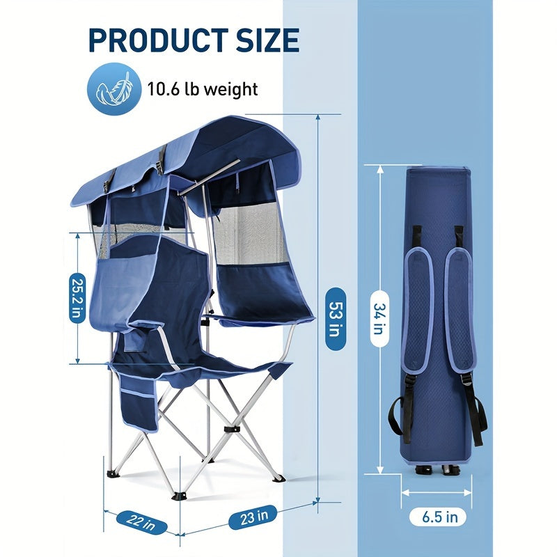 Beach Chair With Canopy Shade, Folding Camping Chair With Canopy With Cup Holder, Side Pocket For Camp, Beach, Tailgates, Fishing - Support 330 LBS