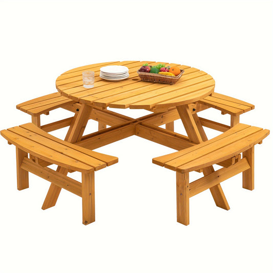 8 Person Wooden Picnic Table, Outdoor Camping Dining Table with Seat, Garden, DIY W/ 4 Built-in Benches, 2220lb Capacity - Natural Easter, Camping Table, Camping Equipment And Accessories, Camping Gear And Equipment, Table Ca