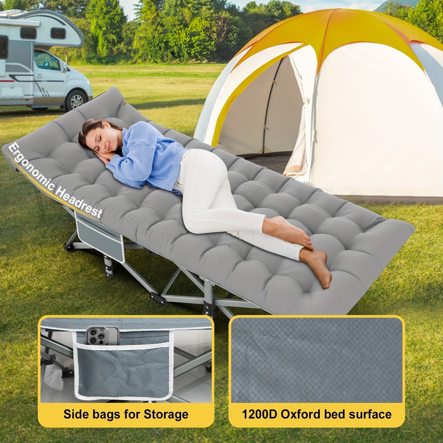 Heavy-Duty 1200D Oxford Folding Camping Cot Bed for Adults with Soft Foam Padding & Carry Bag - Double Layer Portable Outdoor Bed, Ergonomic Design with Sturdy Frame, Ideal as Chaise Lounge for Camping, Patio, Garden, Backyar