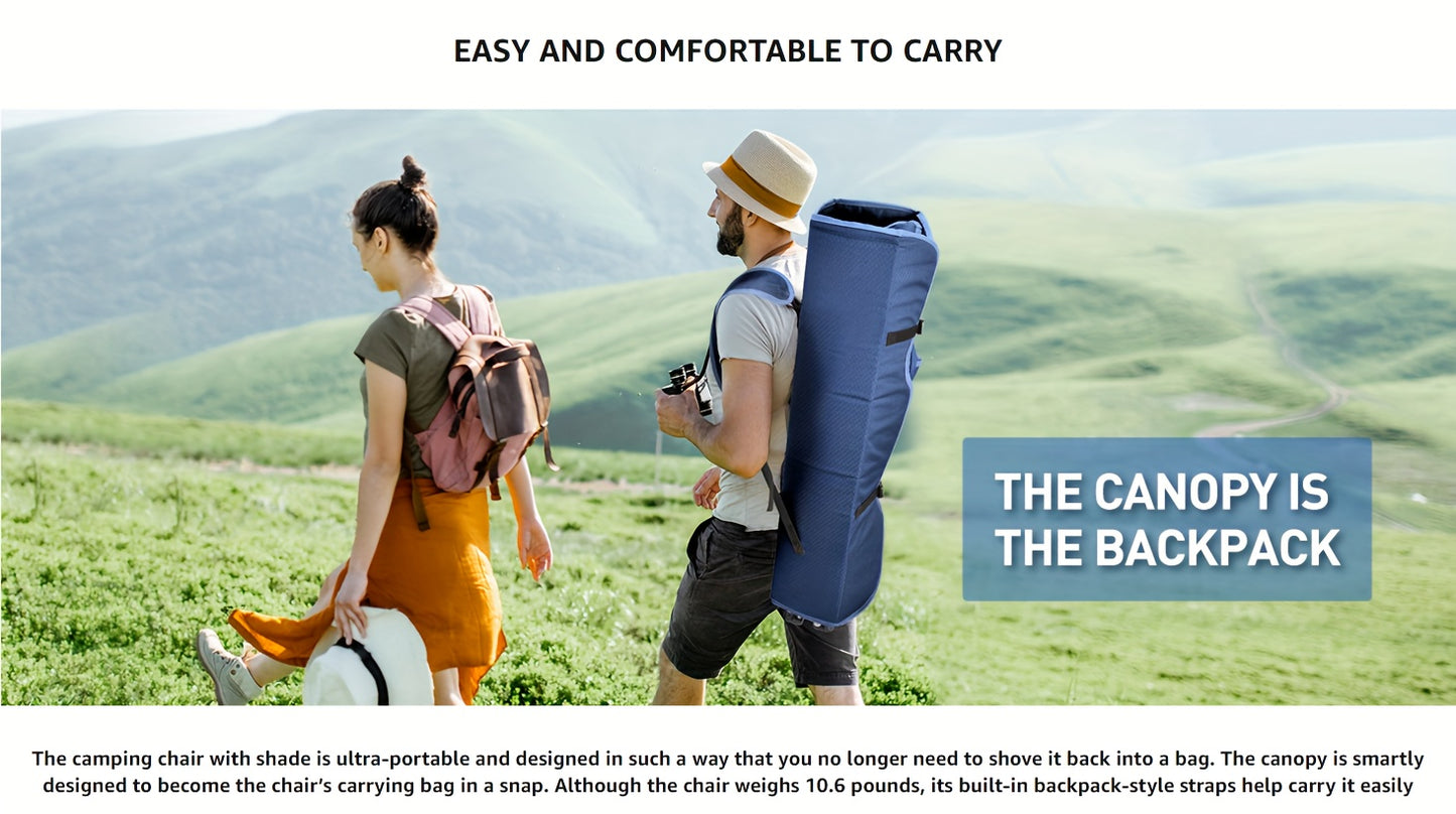 Beach Chair With Canopy Shade, Folding Camping Chair With Canopy With Cup Holder, Side Pocket For Camp, Beach, Tailgates, Fishing - Support 330 LBS