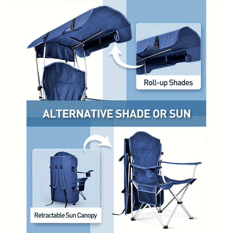 Beach Chair With Canopy Shade, Folding Camping Chair With Canopy With Cup Holder, Side Pocket For Camp, Beach, Tailgates, Fishing - Support 330 LBS