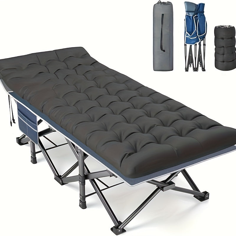 Oversized 32in XXL Folding Camping Cot - 79" L x 32" W x 19" H Camp Cot with Mattress, Carry Bag, and Strapping - 500lbs Support, Blue Cot with Black Pad
