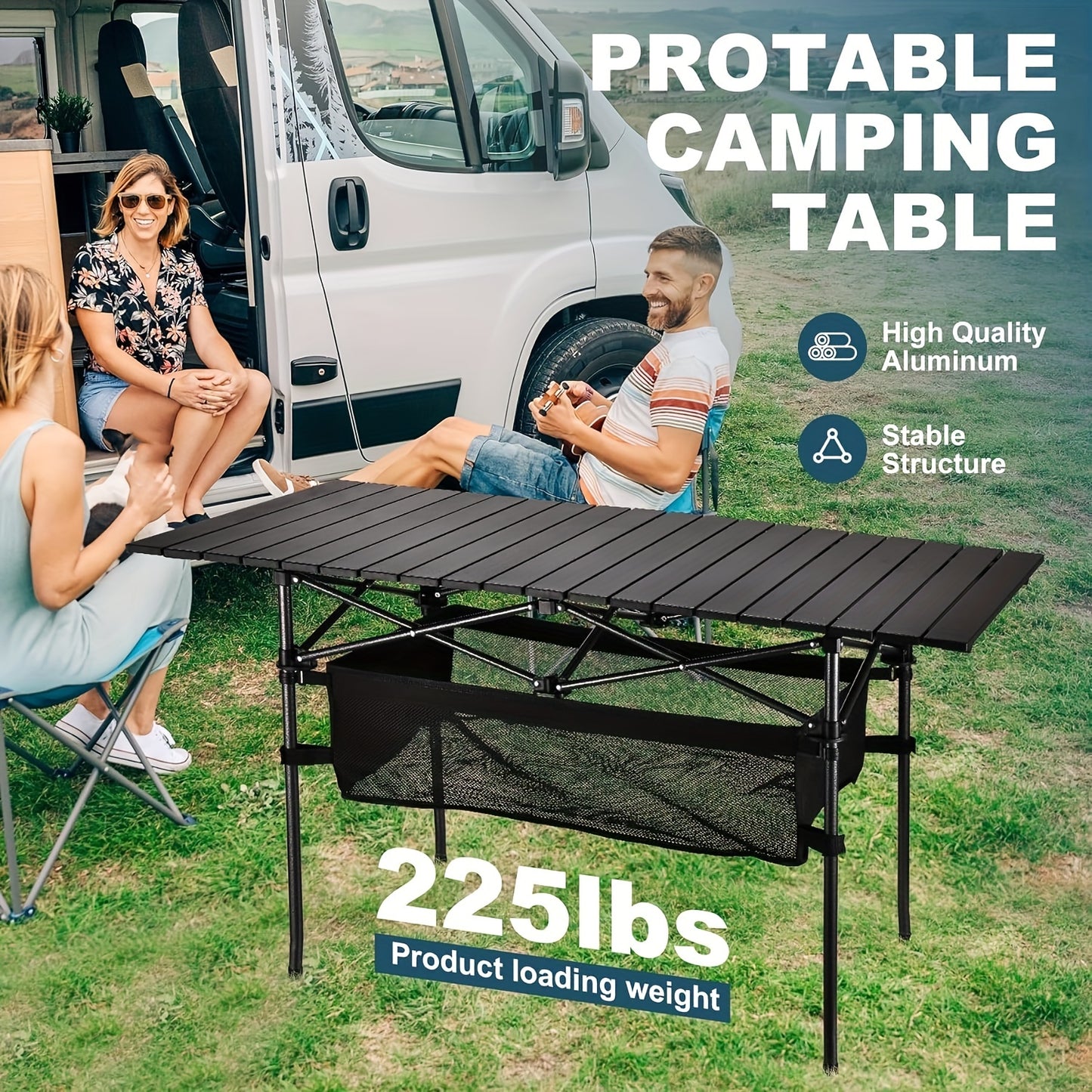 Portable Folding Camping Table, Lightweight Roll-Up Picnic Table with Storage Bag, Sturdy Aluminum Alloy Table Easy Carry Outdoor Camp Grill Table, Casual Style, Black for Indoor, Outdoor, Camping, Beach, Backyard, BBQ, Party