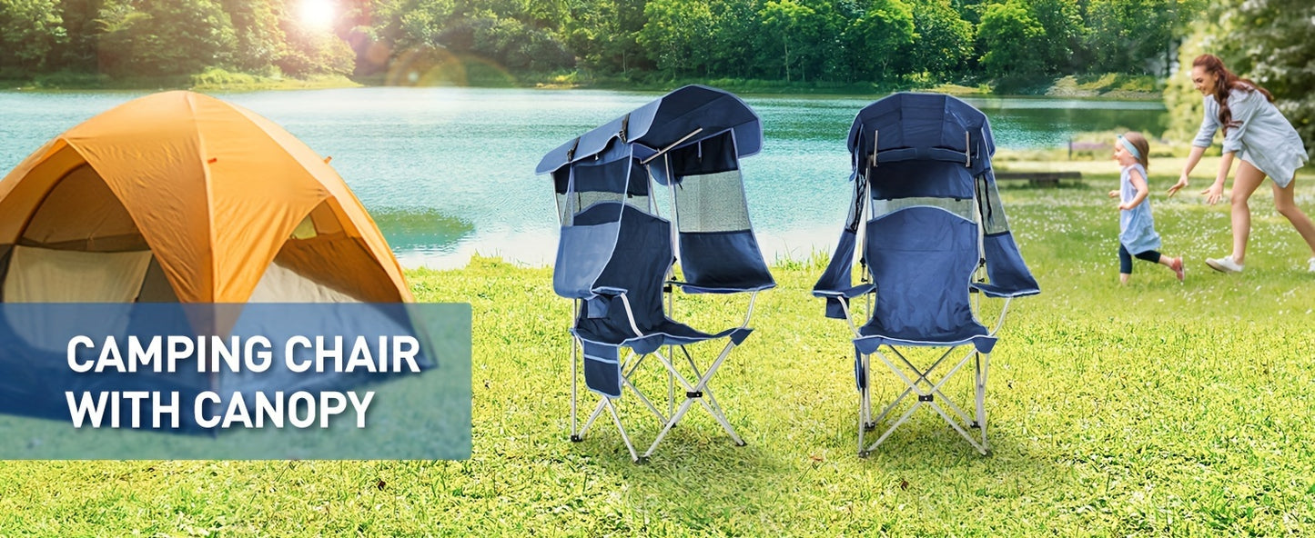 Beach Chair With Canopy Shade, Folding Camping Chair With Canopy With Cup Holder, Side Pocket For Camp, Beach, Tailgates, Fishing - Support 330 LBS