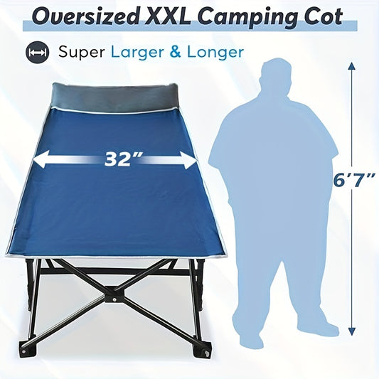 Oversized 32in XXL Folding Camping Cot - 79" L x 32" W x 19" H Camp Cot with Mattress, Carry Bag, and Strapping - 500lbs Support, Blue Cot with Black Pad