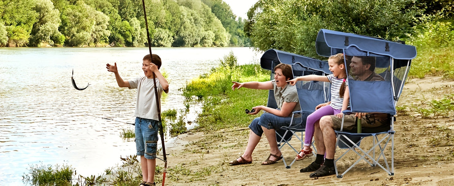 Beach Chair With Canopy Shade, Folding Camping Chair With Canopy With Cup Holder, Side Pocket For Camp, Beach, Tailgates, Fishing - Support 330 LBS