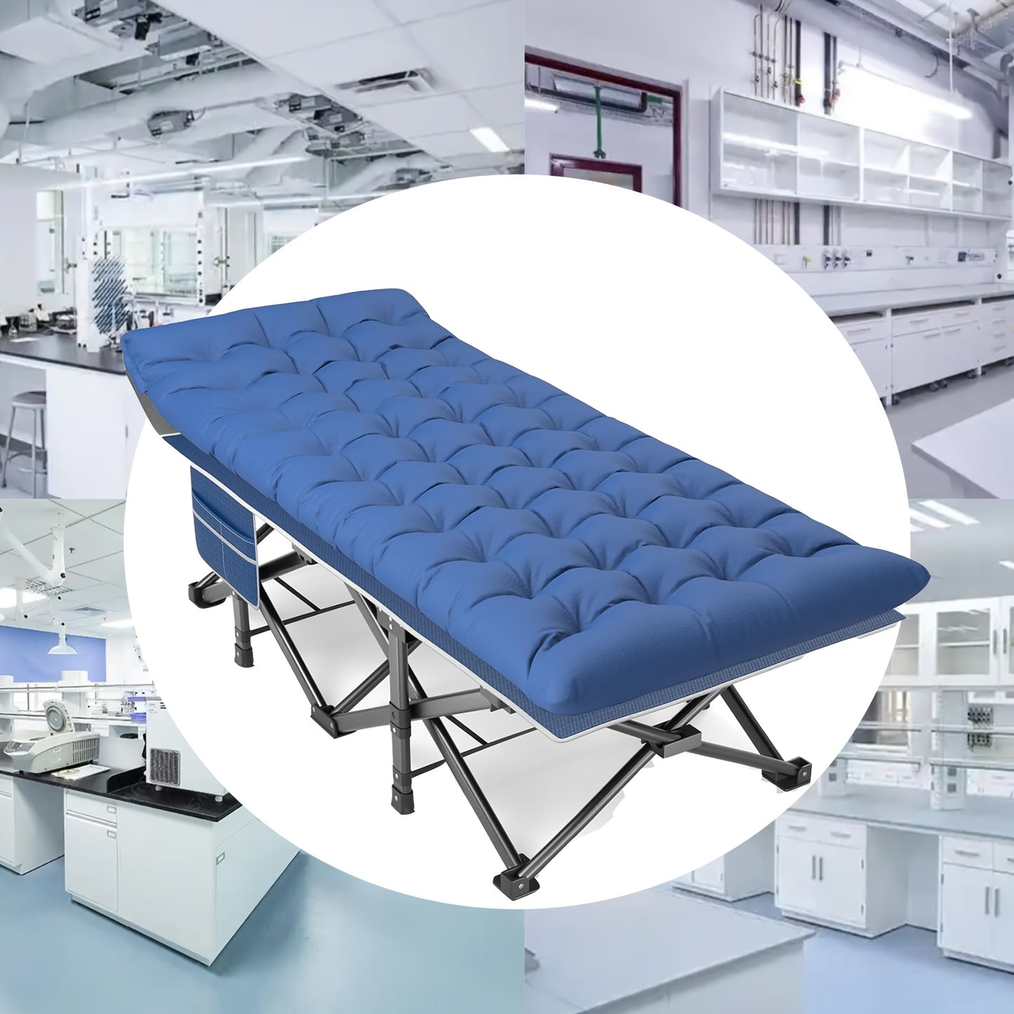 Oversized 32in XXL Folding Camping Cot - 79" L x 32" W x 19" H Camp Cot with Mattress, Carry Bag, and Strapping - 500lbs Support, Blue Cot with Black Pad