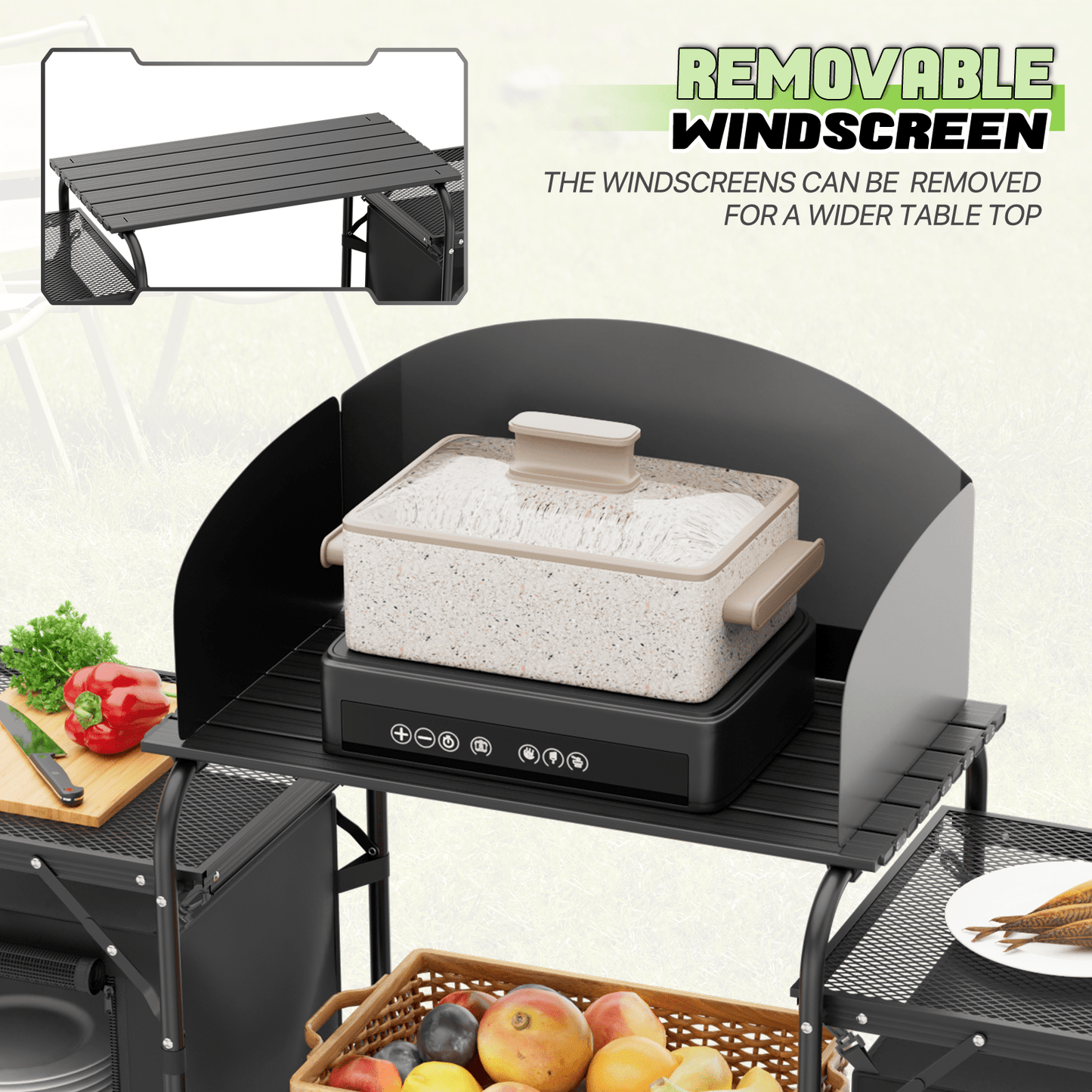 Magshion Folding Portable Cook Table with Storage Organizer & Windscreen, Camping Kitchen Table Outdoor Camp Table with Zippered Bag