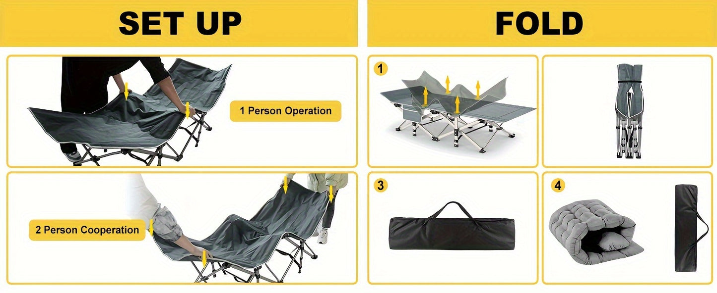 Heavy-Duty 1200D Oxford Folding Camping Cot Bed for Adults with Soft Foam Padding & Carry Bag - Double Layer Portable Outdoor Bed, Ergonomic Design with Sturdy Frame, Ideal as Chaise Lounge for Camping, Patio, Garden, Backyar