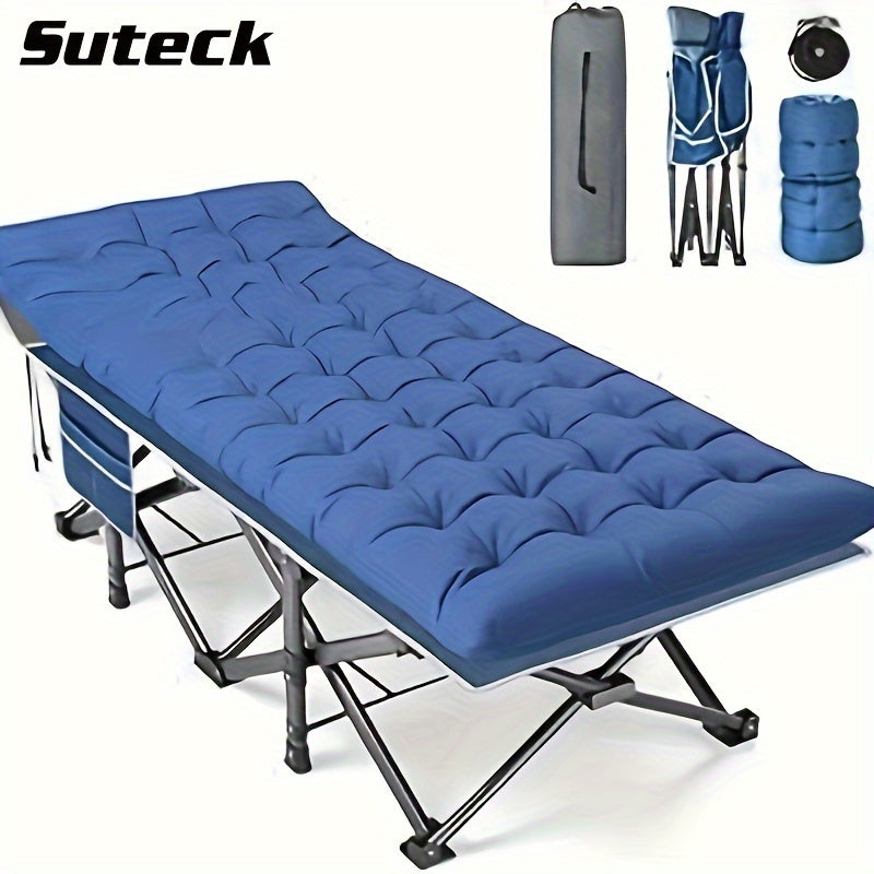 Oversized 32in XXL Folding Camping Cot - 79" L x 32" W x 19" H Camp Cot with Mattress, Carry Bag, and Strapping - 500lbs Support, Blue Cot with Black Pad