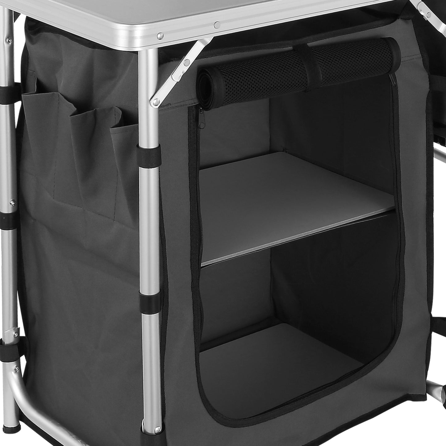 VEVOR Camping Kitchen Table, Aluminum Portable Folding Camp Cook Table with Windshield, 3 Cupboard, Storage Organizer, Quick Installation for Outdoor Picnic Beach Party Cooking, Black