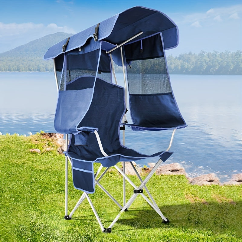 Beach Chair With Canopy Shade, Folding Camping Chair With Canopy With Cup Holder, Side Pocket For Camp, Beach, Tailgates, Fishing - Support 330 LBS