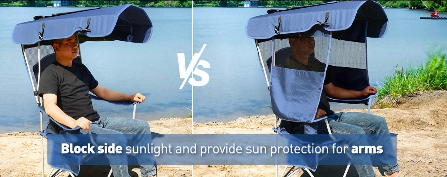 Beach Chair With Canopy Shade, Folding Camping Chair With Canopy With Cup Holder, Side Pocket For Camp, Beach, Tailgates, Fishing - Support 330 LBS
