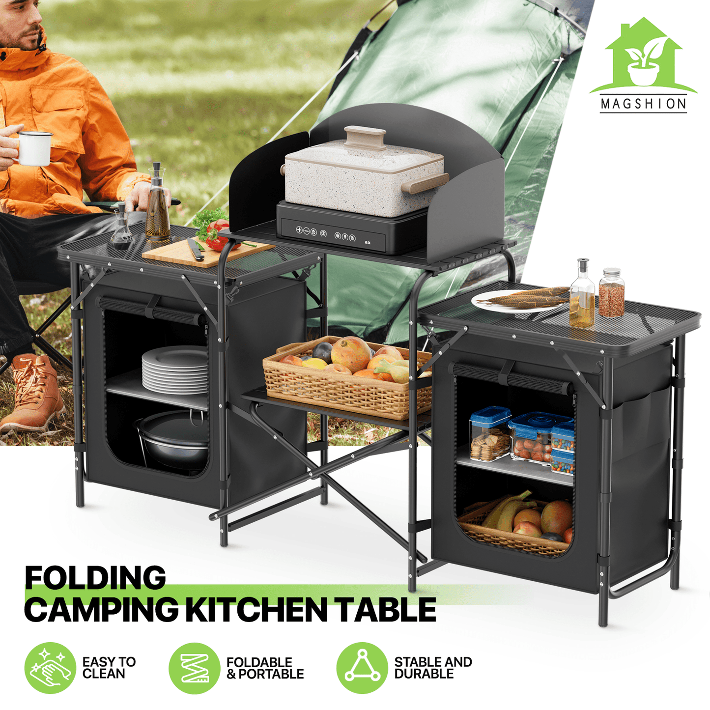 Magshion Folding Portable Cook Table with Storage Organizer & Windscreen, Camping Kitchen Table Outdoor Camp Table with Zippered Bag