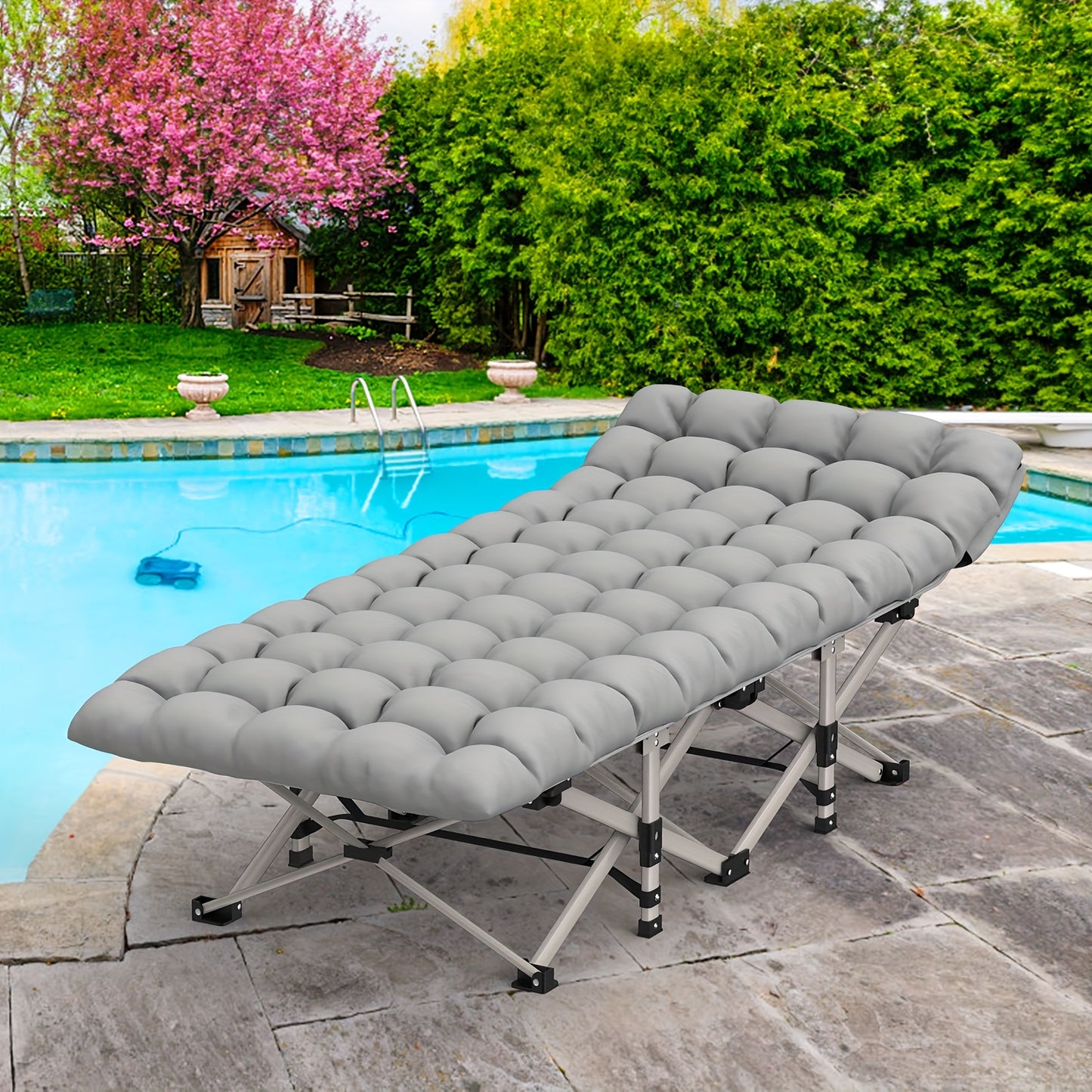 Heavy-Duty 1200D Oxford Folding Camping Cot Bed for Adults with Soft Foam Padding & Carry Bag - Double Layer Portable Outdoor Bed, Ergonomic Design with Sturdy Frame, Ideal as Chaise Lounge for Camping, Patio, Garden, Backyar