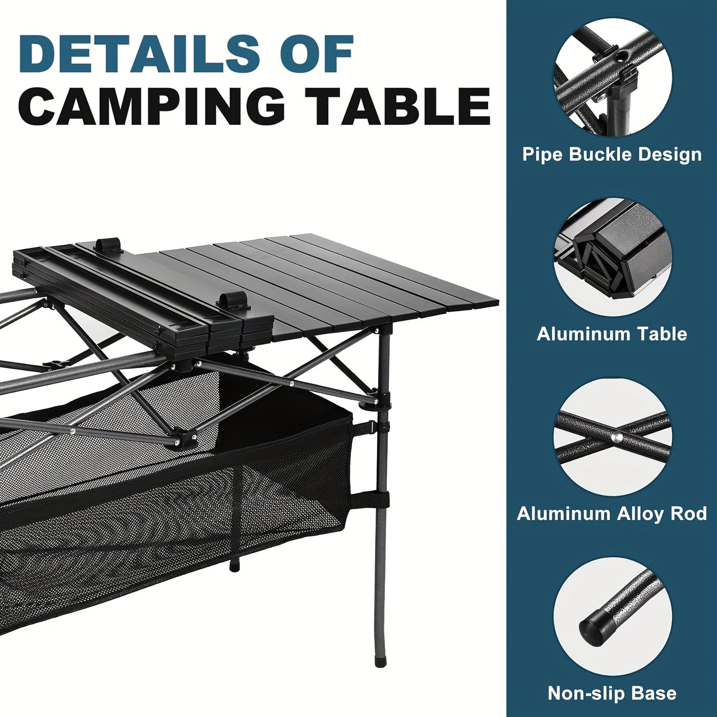 Portable Folding Camping Table, Lightweight Roll-Up Picnic Table with Storage Bag, Sturdy Aluminum Alloy Table Easy Carry Outdoor Camp Grill Table, Casual Style, Black for Indoor, Outdoor, Camping, Beach, Backyard, BBQ, Party