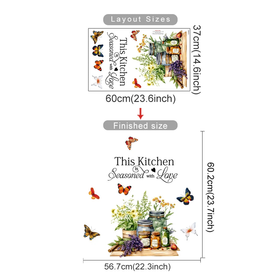 Kitchen Herbs Cooking Art Butterfly Flower Kitchen Quotes Wall Stickers Art Home Decorations Wall Decals