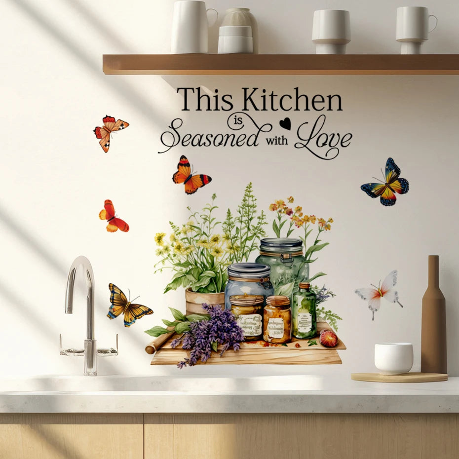 Kitchen Herbs Cooking Art Butterfly Flower Kitchen Quotes Wall Stickers Art Home Decorations Wall Decals