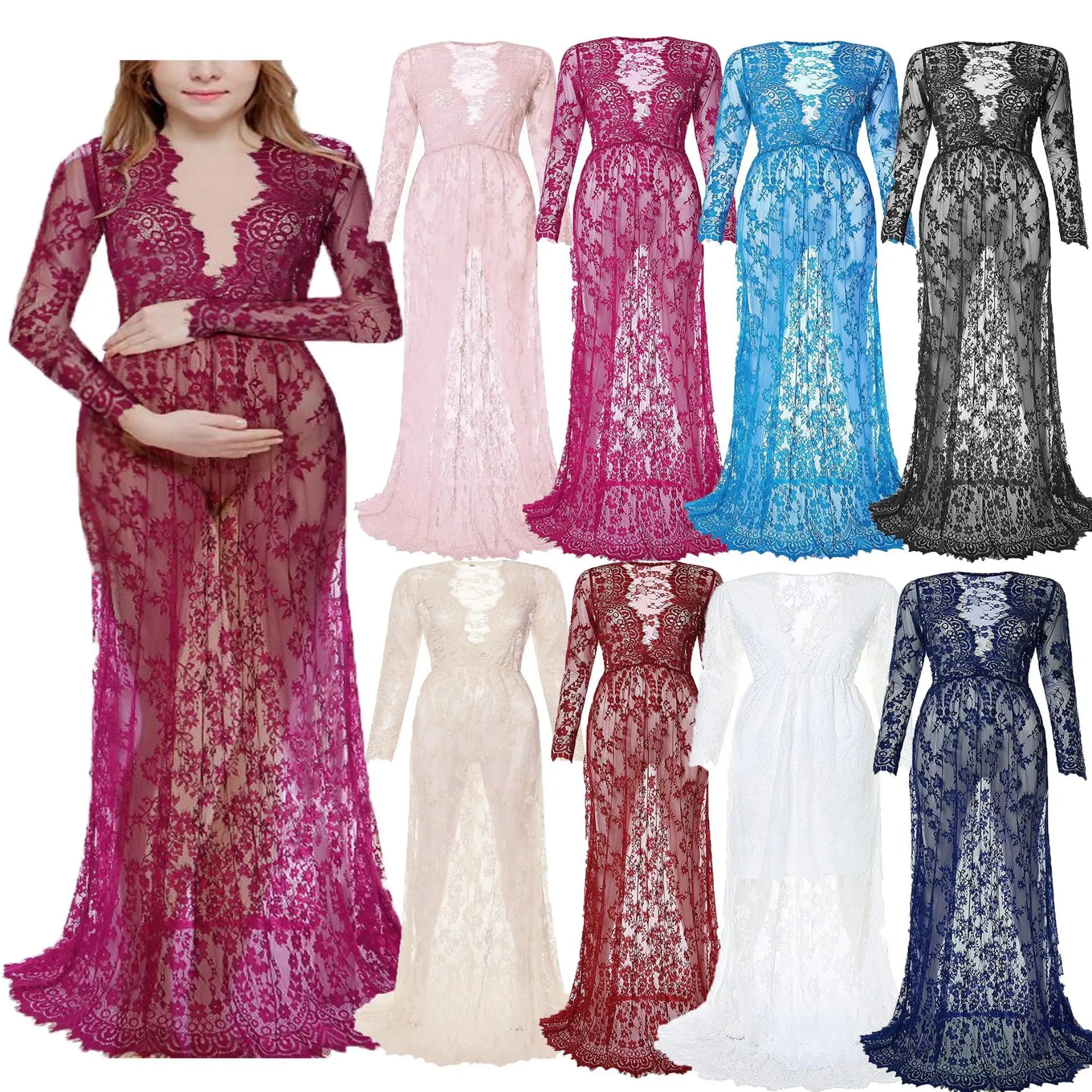 Pregnancy Dress for Photo Shoot Maternity Photography Props Sexy V Neck Lace Maxi Gown Dress Plus Size Pregnant Women Clothes