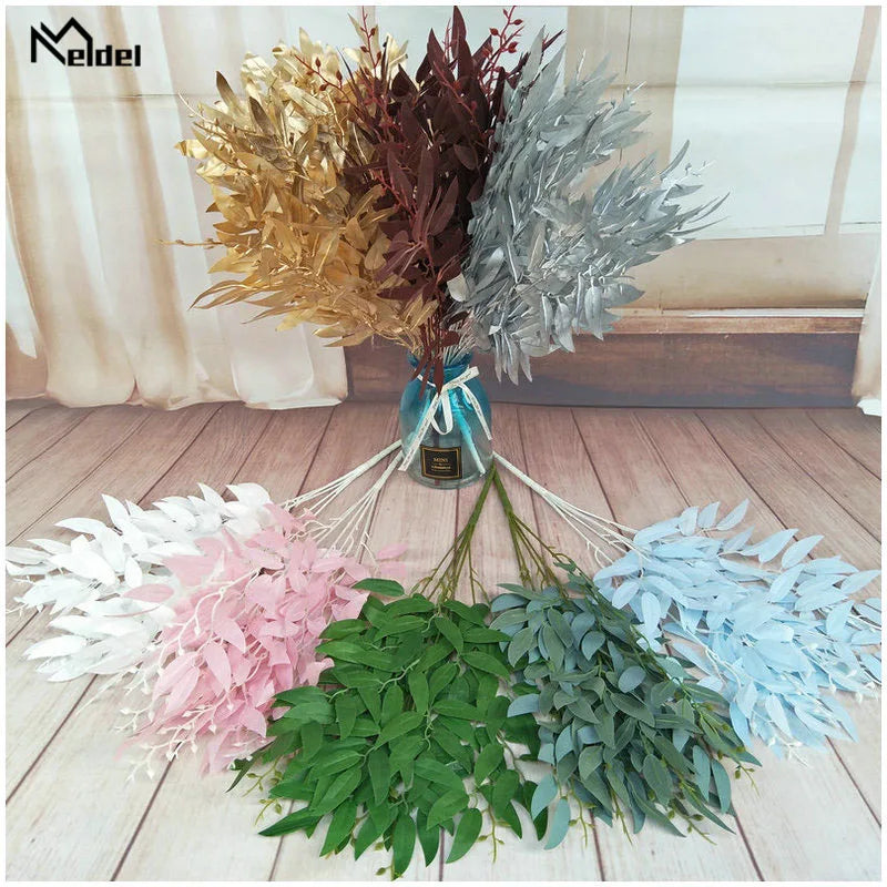 Meldel Wedding Bouquet Decoration Artificial White Flower Plant Silk Flower Home Vase Decor Willow Leaf Green Grass Fake Flowers