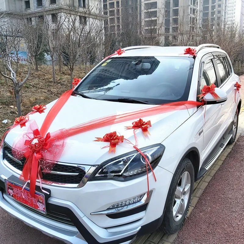 Wedding Car Decoration Flower Set Cover Door Handle Ribbons Silk Flower Garland With Tulle Rose Accessory Wed Decor2023