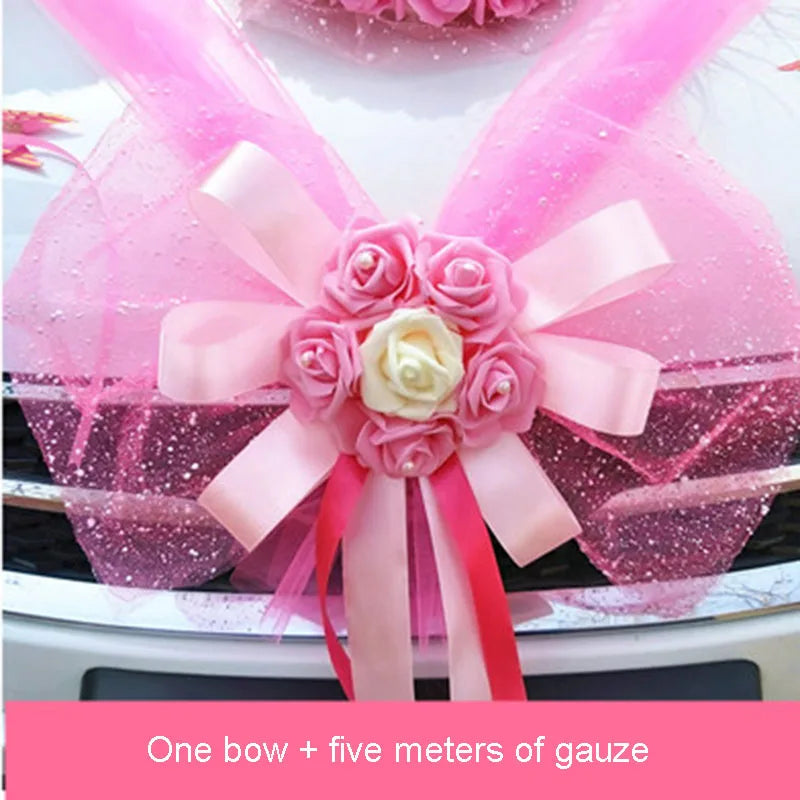 Wedding Car Decoration Flower Set Cover Door Handle Ribbons Silk Flower Garland With Tulle Rose Accessory Wed Decor2023