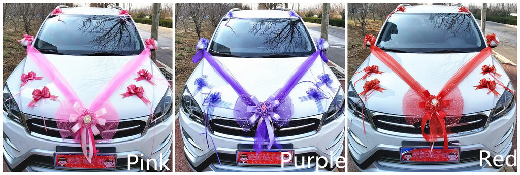 Wedding Car Decoration Flower Set Cover Door Handle Ribbons Silk Flower Garland With Tulle Rose Accessory Wed Decor2023