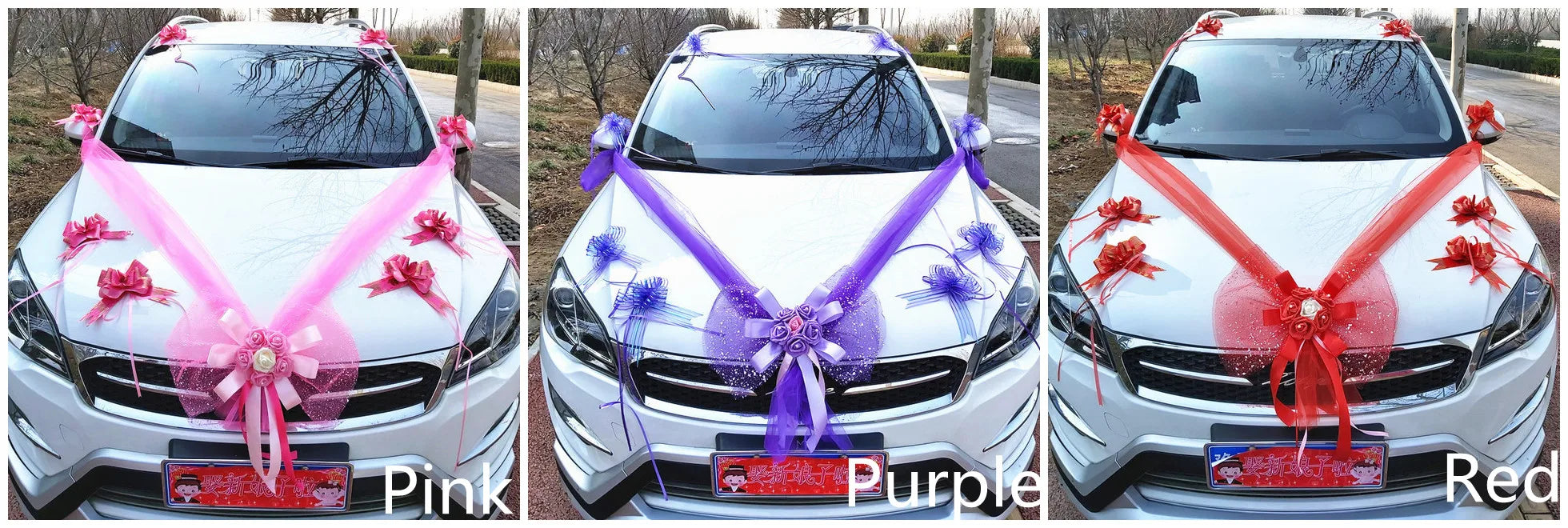 Wedding Car Decoration Flower Set Cover Door Handle Ribbons Silk Flower Garland With Tulle Rose Accessory Wed Decor2023